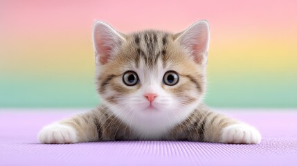 Fototapeta premium Adorable Tabby Kitten on Pastel Rainbow Background