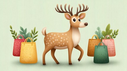 Charming Deer with Colorful Shopping Bags on Textured Background