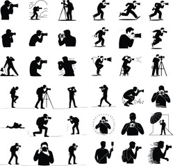 Professional Photographer Silhouette Set | Camera & Tripod Vector Silhouettes of Photographers in Action | Photography Vector Bundle

