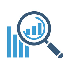 Data analysis, magnifying glass, bar graph on black background