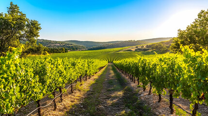 Naklejka premium Vineyard landscape under the bright sunshine in countryside farm in Italy