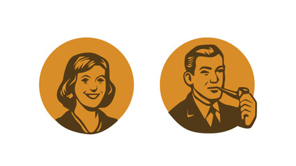 Retro Vintage Style Man and Woman Portraits – Flat Vector Illustration of 1950s Characters in Circular Badges for Nostalgic Design and Branding