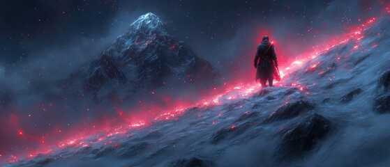 Person walking on snowy slope with mountain and red glow in background.