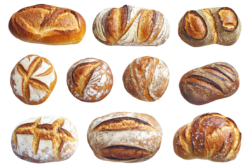 Various types of whole bread shown in perfect detail against a smooth and clean white background