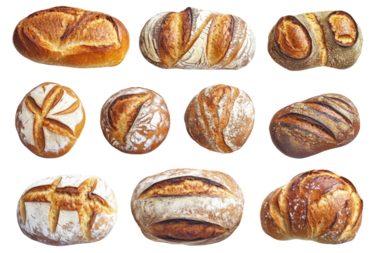 Various types of whole bread shown in perfect detail against a smooth and clean white background