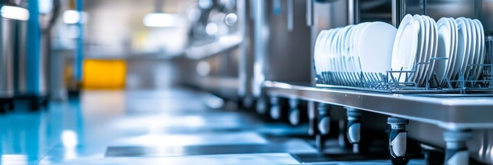 Industrial dishwasher stainless steel appliances bright and clean kitchen commercial restaurant equipment shiny plates modern design hygiene and sanitation