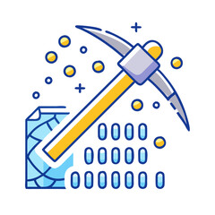 Cryptocurrency mining concept with pickaxe, data, and tokens
