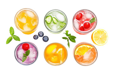 Top view display of soda filled glasses creating a playful layout on a white background surface