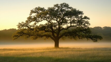 Obraz premium A large oak tree stands in a grassy field filled with a light layer of fog. Ideal for nature, landscape or calm, peaceful background images.