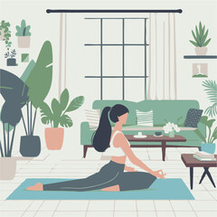 Obraz premium Flat vector of a woman doing yoga on a mat at home with indoor plants. Clean, minimal design with solid colors. Ideal for fitness, wellness, or healthy lifestyle content.