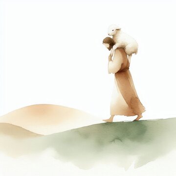 Jesus carries the lost sheep back to safety &ndash; minimalist watercolor with centered composition and soft tones of rescue and grace