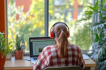 Student attending an online class with a laptop on the desk, headphones on, and virtual classroom visible on the screen, in a modern and comfortable study space.

