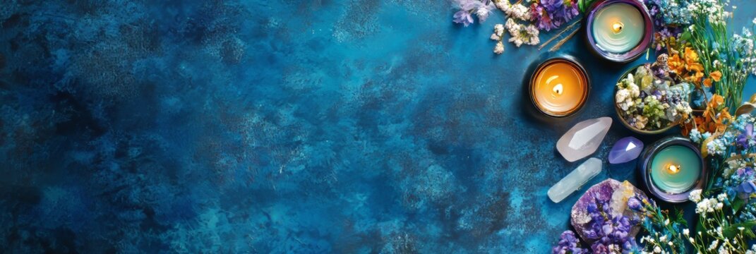 Mystical tarot reading blue background candles crystals and flowers copy space for text overlay for fortune telling spiritual guidance and wellness themed concepts