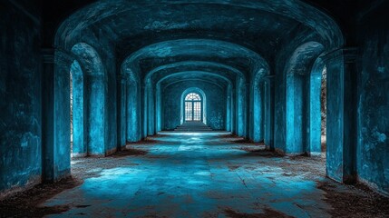 Fototapeta premium Long arched hallway with light at the end of the tunnel blue tones.