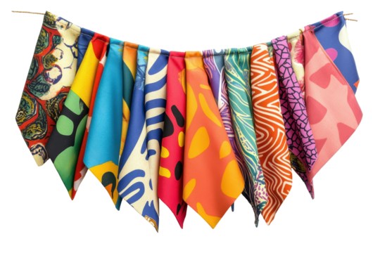 Triangular fabric flags in a colorful mix decorate the sky with festive flair and playful vibes