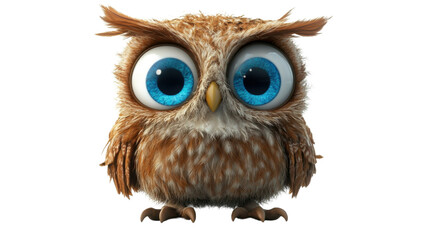 Obraz premium Cartoon Owl with Big Blue Eyes and Brown Feathers Isolated on White Background