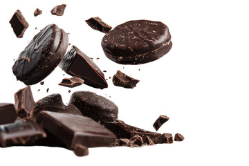 Cookies and chunks of chocolate falling together with flakes in sweet motion on white background