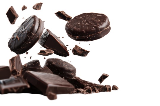 Cookies and chunks of chocolate falling together with flakes in sweet motion on white background