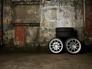 Obraz premium Stylish Silver Wheels on Stack of Tires in Industrial Setting