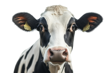 Portrait of farm cow looking at camera on white background for rural life or livestock ads