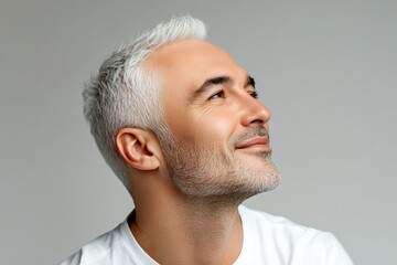 Obraz premium A man with timeless beauty and confidence. Pure white solid background. Graphic layout of style for aging men. Modish men's short dreads haircut - midlife white man with white hair.