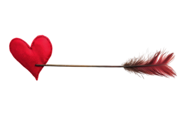 Cupid arrow with red heart shaped feather isolated on white background for romantic visuals