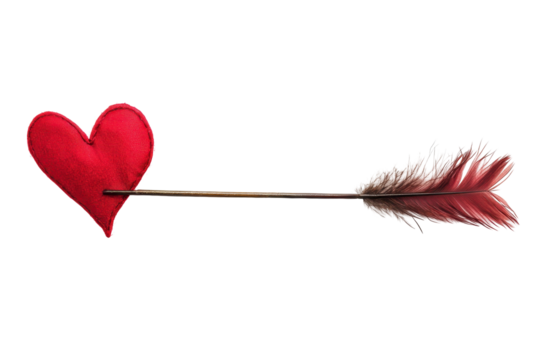 Cupid arrow with red heart shaped feather isolated on white background for romantic visuals