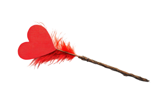 Romantic cupid arrow with heart shaped red feather isolated on clean white background for love