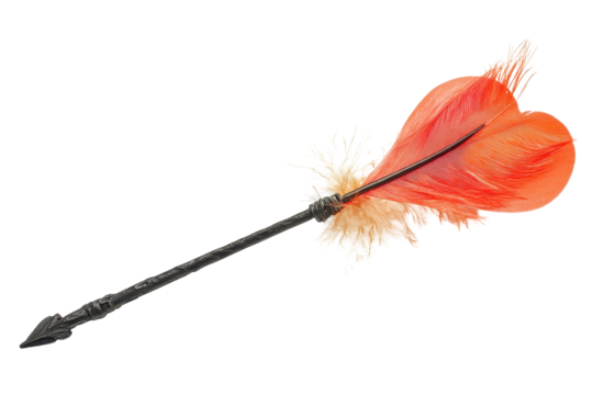 Cupid arrow with heart shaped red feather on white background for Valentine's Day inspiration