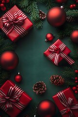 Festive holiday gift boxes, red ornaments and pine cones create a warm and inviting atmosphere, and is a perfect scene for winter holiday celebration.