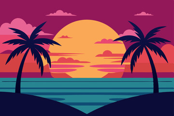Fototapeta premium Vibrant Anime Beach Sunset with Detailed Palm Trees Vector Illustration Background
