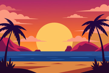 Obraz premium Dramatic Anime Beach Sunset with Palm Trees Silhouetted Against a Fiery Sky Vector Illustration Background