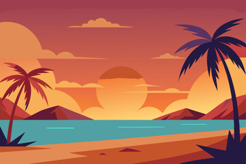 Fototapeta premium Mysterious Anime Beach Sunset with Palm Trees Under an Eerie Sky Vector Illustration Background