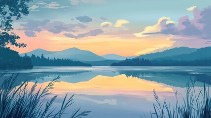Fototapeta premium Calm lake, tranquil evening, reflection, clouds illustration