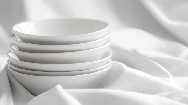Tableware set of stack of white porcelain clean empty soup bowls on white textile background.