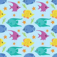 Seamless pattern with cute reef fish and corals. Funny multicolor background, marine texture. Modern vector illustration.