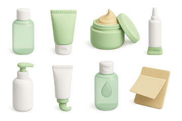 Skincare product icons set: 3d style collection of bottles, tubes, jars, and more