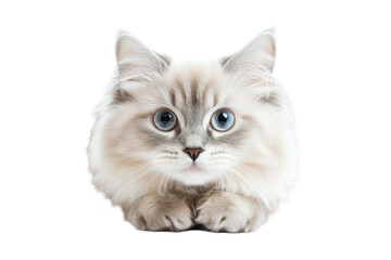 Obraz premium Fluffy Ragdoll cat looking sweetly isolated on white background for cozy home decor graphics