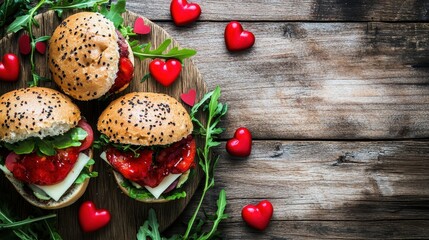 Three burgers and red hearts on a wooden table, top view. Best for a Valentine's day date or celebrating a romantic dinner.