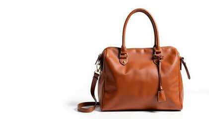 Brown leather tote bag, isolated on white background, fashion accessory, purse, close-up