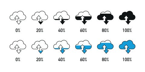 Fototapeta premium Cloud loading progress icons from 0% to 100%, shown in black and blue versions, representing data upload and download in vector style.