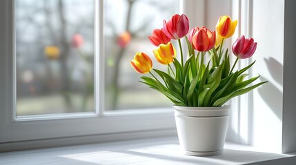 A vase of red tulips near the window sill blurred background