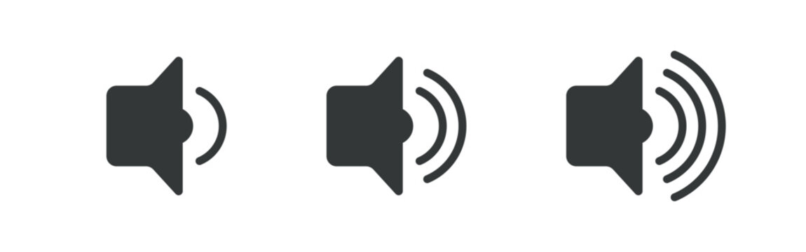 Volume level icons set. Three black speaker symbols showing increasing sound waves, representing low, medium, and high audio levels on a white background.
