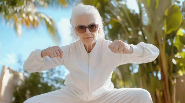 Elderly woman practicing martial arts outdoors with determination  