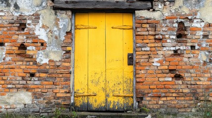 Naklejka premium Aged Yellow Door in a Crumbling Brick Wall