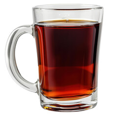 clear glass mug filled with dark brown liquid, showcasing rich beverage that evokes warmth and comfort. transparent design highlights drink color and texture, making it visually appealing