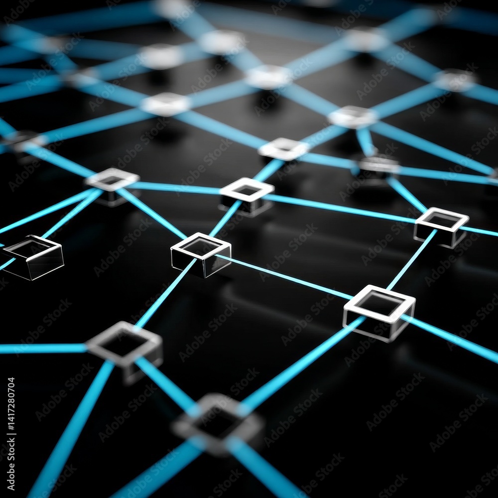 Poster Abstract Network: Interconnected Nodes with Blue Lines on a Dark Background Displaying Connectivity.