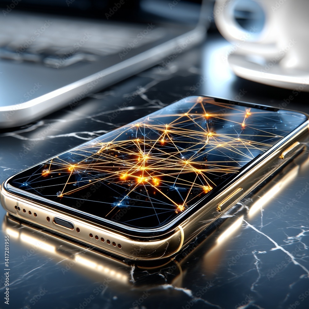 Poster Connected World: Golden Smartphone Displaying Global Network on Marble Surface