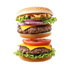 Tasty hamburger with melted cheese floating isolated on white background for flavorful promotional graphics