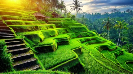 Fotobehang Rijstvelden view of terraced rice fields at sunrise, reflecting the soft golden light on the water   © Issara